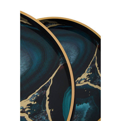 Set Of Two Round Nesting Tables With Multicolour Agate Tray Tops & Black Metal Frames, Celina