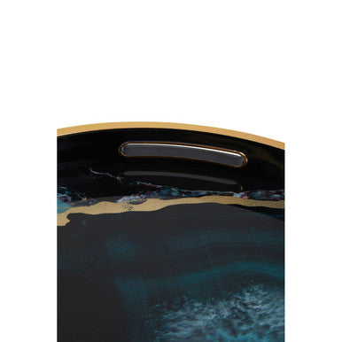 Set Of Two Round Nesting Tables With Multicolour Agate Tray Tops & Black Metal Frames, Celina