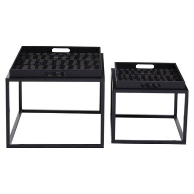 Set Of 2 Removable Black & Gold Abstract Tray Tops Nesting Side Tables With Black Metal Frames, Celina