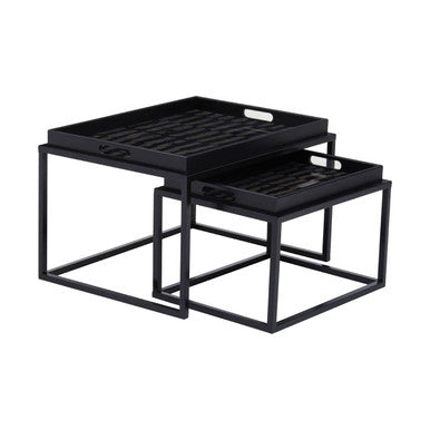 Set Of 2 Removable Black & Gold Abstract Tray Tops Nesting Side Tables With Black Metal Frames, Celina