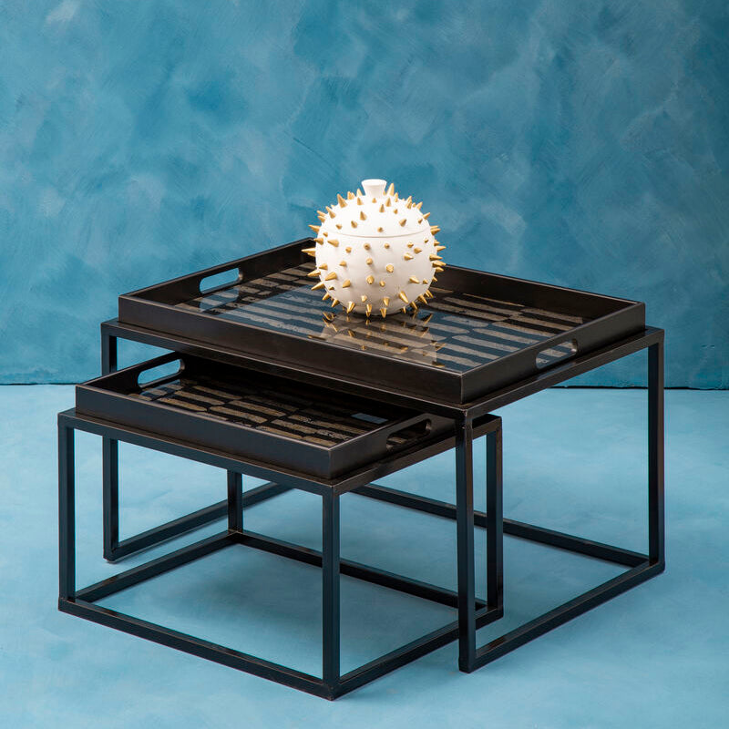 Set Of 2 Removable Black & Gold Abstract Tray Tops Nesting Side Tables With Black Metal Frames, Celina