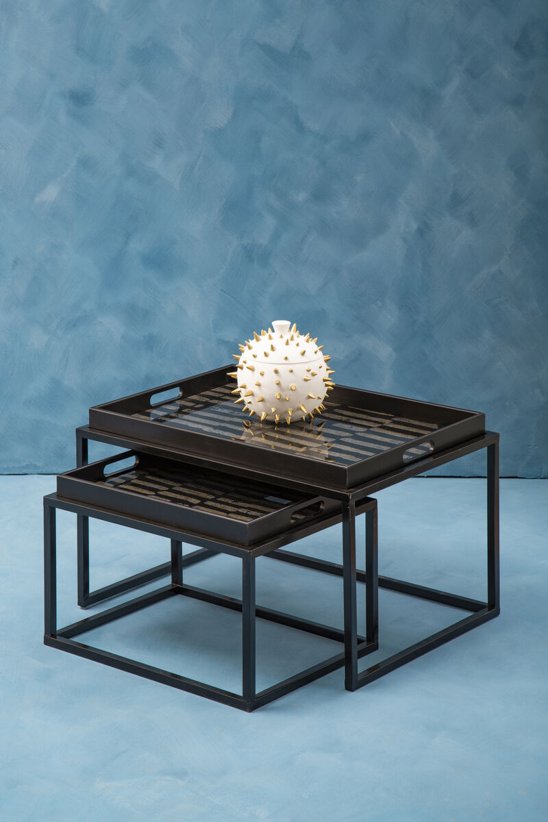 Set Of 2 Removable Black & Gold Abstract Tray Tops Nesting Side Tables With Black Metal Frames, Celina