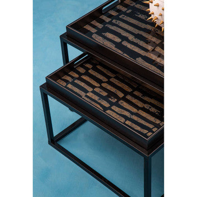 Set Of 2 Removable Black & Gold Abstract Tray Tops Nesting Side Tables With Black Metal Frames, Celina