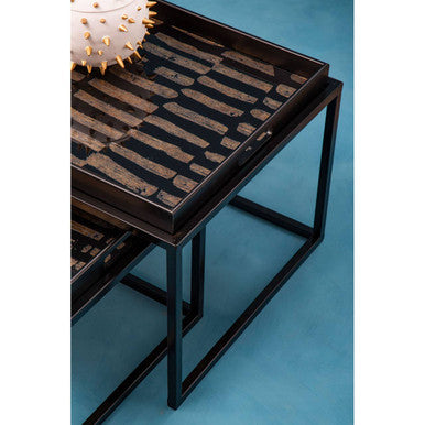 Set Of 2 Removable Black & Gold Abstract Tray Tops Nesting Side Tables With Black Metal Frames, Celina