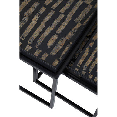 Set Of 2 Removable Black & Gold Abstract Tray Tops Nesting Side Tables With Black Metal Frames, Celina