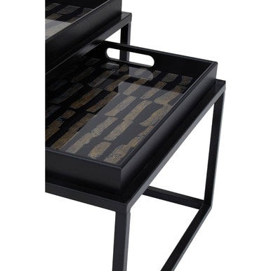 Set Of 2 Removable Black & Gold Abstract Tray Tops Nesting Side Tables With Black Metal Frames, Celina