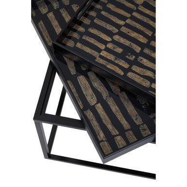 Set Of 2 Removable Black & Gold Abstract Tray Tops Nesting Side Tables With Black Metal Frames, Celina