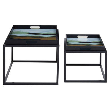 Set Of 2 Multicolour Agate Removable Tray Tops Nesting Side Tables With Black Metal Frames, Celina