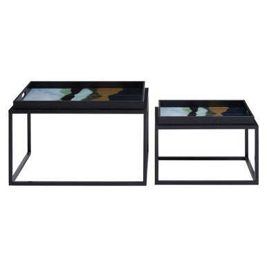 Set Of 2 Multicolour Agate Removable Tray Tops Nesting Side Tables With Black Metal Frames, Celina