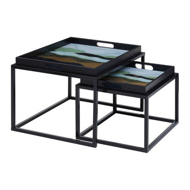 Set Of 2 Multicolour Agate Removable Tray Tops Nesting Side Tables With Black Metal Frames, Celina