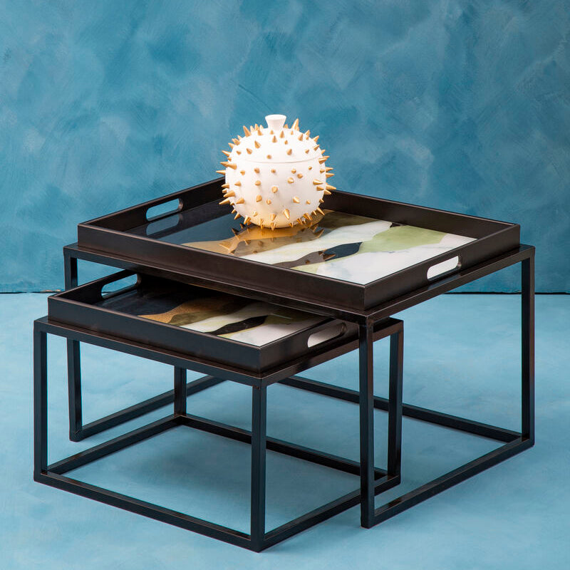 Set Of 2 Multicolour Agate Removable Tray Tops Nesting Side Tables With Black Metal Frames, Celina