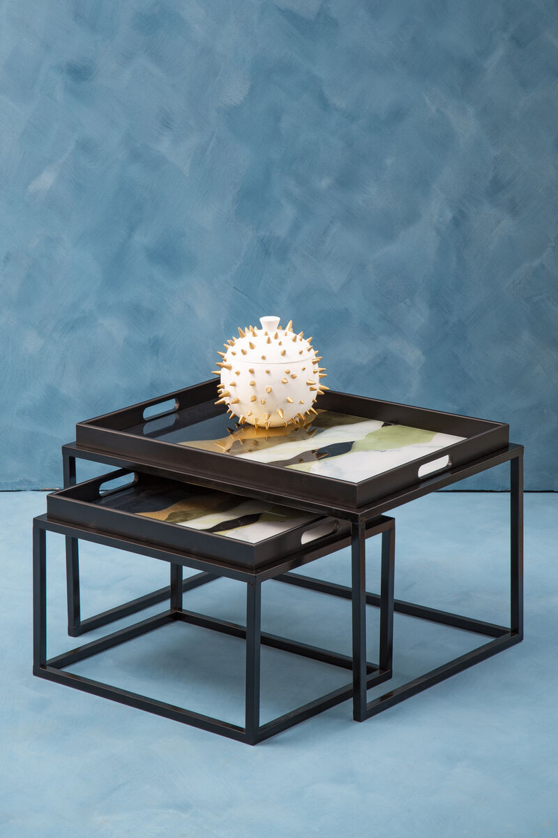 Set Of 2 Multicolour Agate Removable Tray Tops Nesting Side Tables With Black Metal Frames, Celina