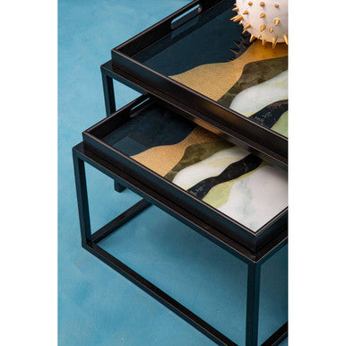 Set Of 2 Multicolour Agate Removable Tray Tops Nesting Side Tables With Black Metal Frames, Celina