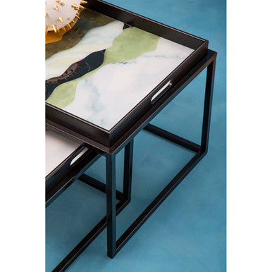 Set Of 2 Multicolour Agate Removable Tray Tops Nesting Side Tables With Black Metal Frames, Celina
