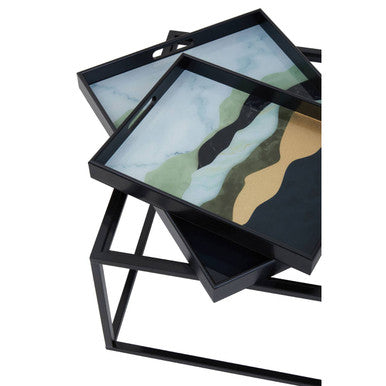 Set Of 2 Multicolour Agate Removable Tray Tops Nesting Side Tables With Black Metal Frames, Celina