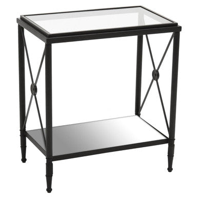 Black Metal Rectangular Frame Side Table With Two-Tier Clear Glass Shelves & Floral Motif, Axis
