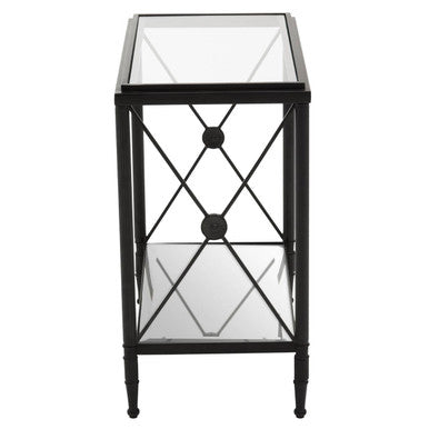 Black Metal Rectangular Frame Side Table With Two-Tier Clear Glass Shelves & Floral Motif, Axis
