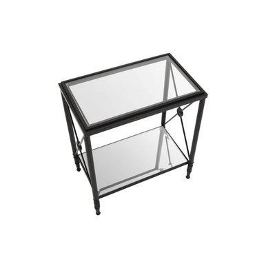 Black Metal Rectangular Frame Side Table With Two-Tier Clear Glass Shelves & Floral Motif, Axis