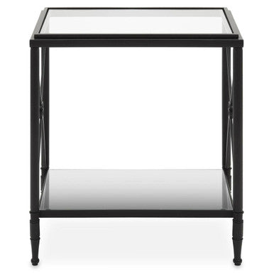 Black Metal Rectangular Frame Side Table With Two-Tier Clear Glass Shelves & Floral Motif, Axis