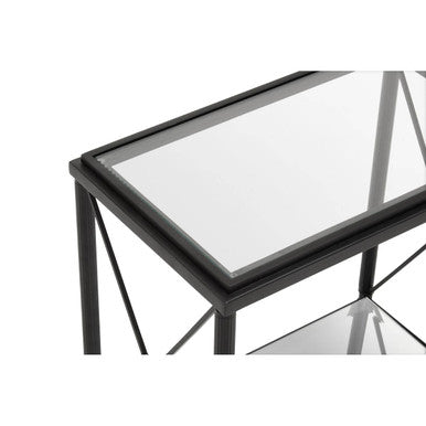 Black Metal Rectangular Frame Side Table With Two-Tier Clear Glass Shelves & Floral Motif, Axis