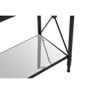 Black Metal Rectangular Frame Side Table With Two-Tier Clear Glass Shelves & Floral Motif, Axis