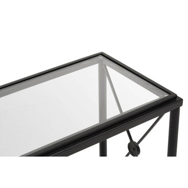 Black Metal Rectangular Frame Side Table With Two-Tier Clear Glass Shelves & Floral Motif, Axis