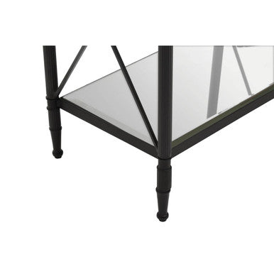 Black Metal Rectangular Frame Side Table With Two-Tier Clear Glass Shelves & Floral Motif, Axis