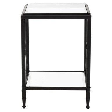 Black Metal Square Frame Side Table With Two-Tier Clear Glass Shelves & Floral Motif, Axis