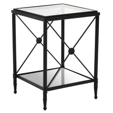 Black Metal Square Frame Side Table With Two-Tier Clear Glass Shelves & Floral Motif, Axis