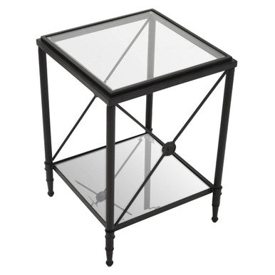 Black Metal Square Frame Side Table With Two-Tier Clear Glass Shelves & Floral Motif, Axis