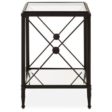 Black Metal Square Frame Side Table With Two-Tier Clear Glass Shelves & Floral Motif, Axis