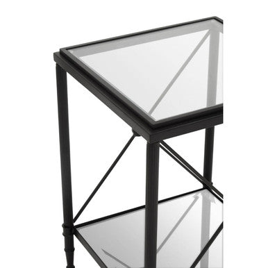 Black Metal Square Frame Side Table With Two-Tier Clear Glass Shelves & Floral Motif, Axis