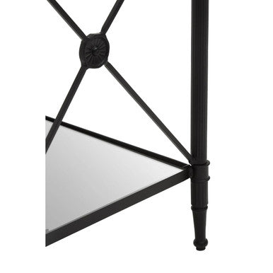 Black Metal Square Frame Side Table With Two-Tier Clear Glass Shelves & Floral Motif, Axis