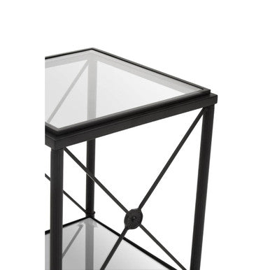 Black Metal Square Frame Side Table With Two-Tier Clear Glass Shelves & Floral Motif, Axis