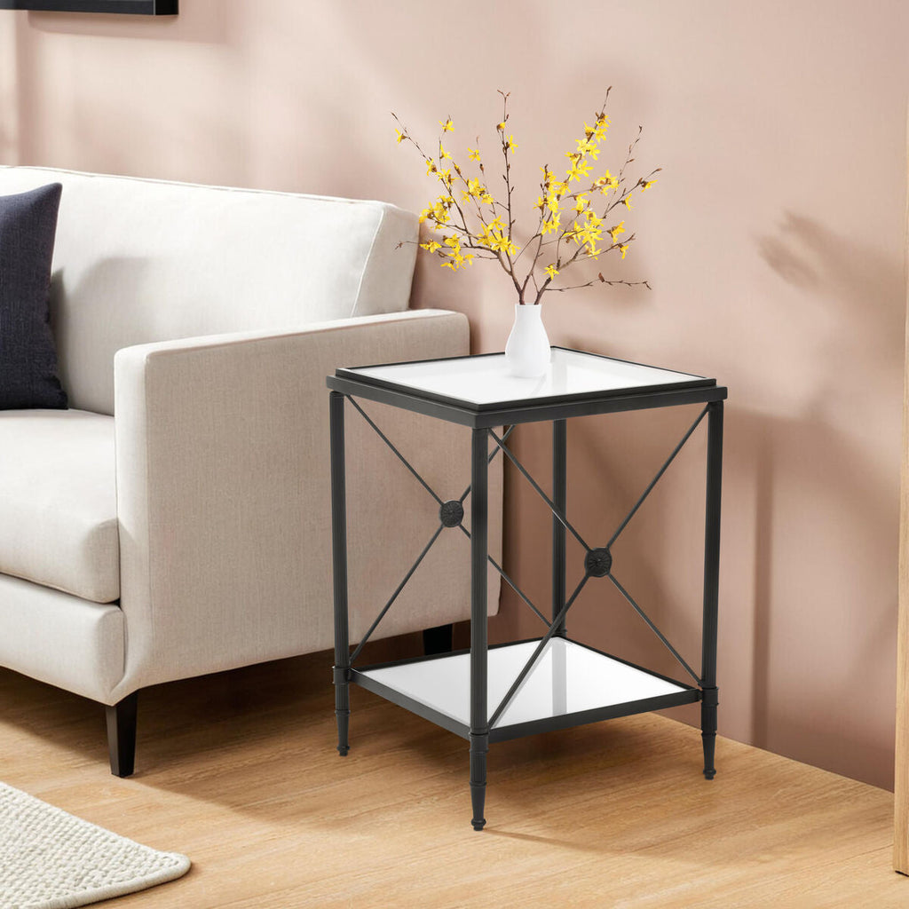 Black Metal Square Frame Side Table With Two-Tier Clear Glass Shelves & Floral Motif, Axis