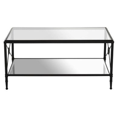 Black Metal Frame Coffee Table With Two-Tier Glass Shelves & X-Shaped Sides Design, Axis