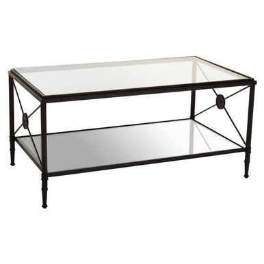 Black Metal Frame Coffee Table With Two-Tier Glass Shelves & X-Shaped Sides Design, Axis