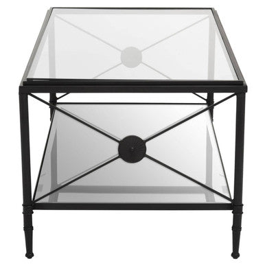 Black Metal Frame Coffee Table With Two-Tier Glass Shelves & X-Shaped Sides Design, Axis
