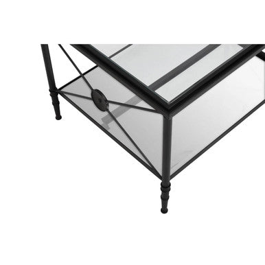 Black Metal Frame Coffee Table With Two-Tier Glass Shelves & X-Shaped Sides Design, Axis