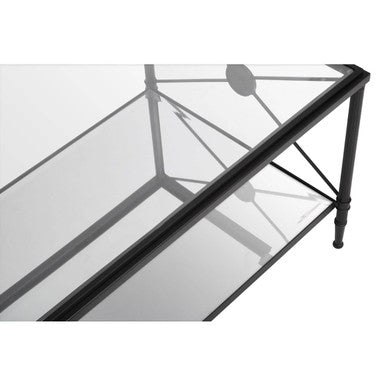 Black Metal Frame Coffee Table With Two-Tier Glass Shelves & X-Shaped Sides Design, Axis