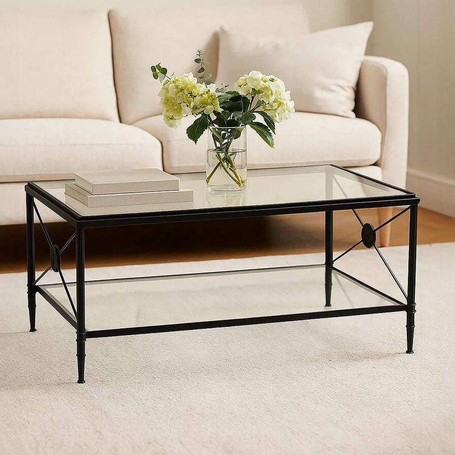 Black Metal Frame Coffee Table With Two-Tier Glass Shelves & X-Shaped Sides Design, Axis