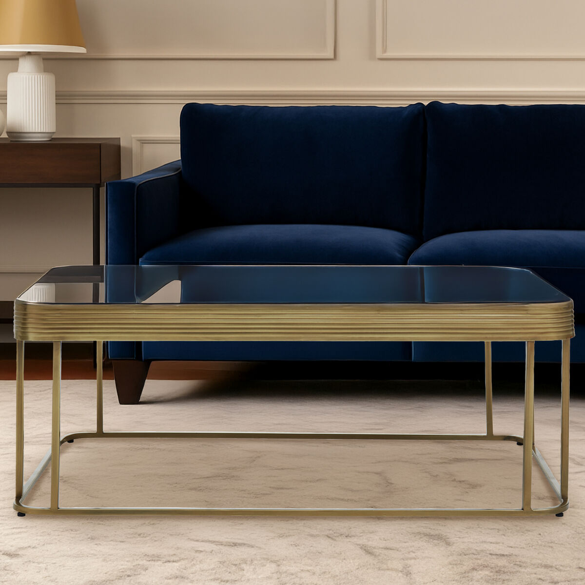 Gold Metal Coffee Table With Mirrored Top & Decorative Textured Edge, Ella
