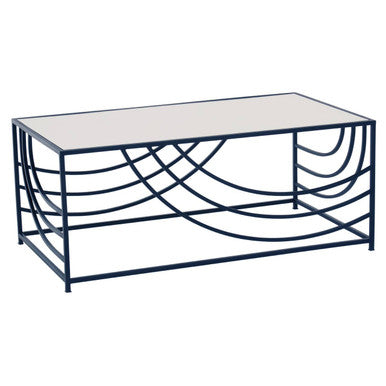 Mirrored Glass Top Coffee Table With Black Curved Line Metal Frame, Logan