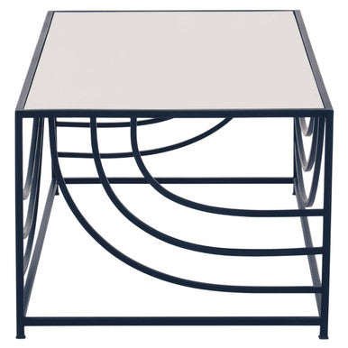Mirrored Glass Top Coffee Table With Black Curved Line Metal Frame, Logan
