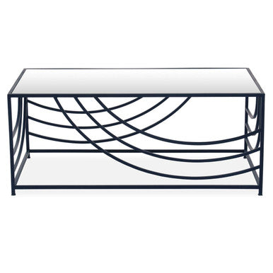Mirrored Glass Top Coffee Table With Black Curved Line Metal Frame, Logan
