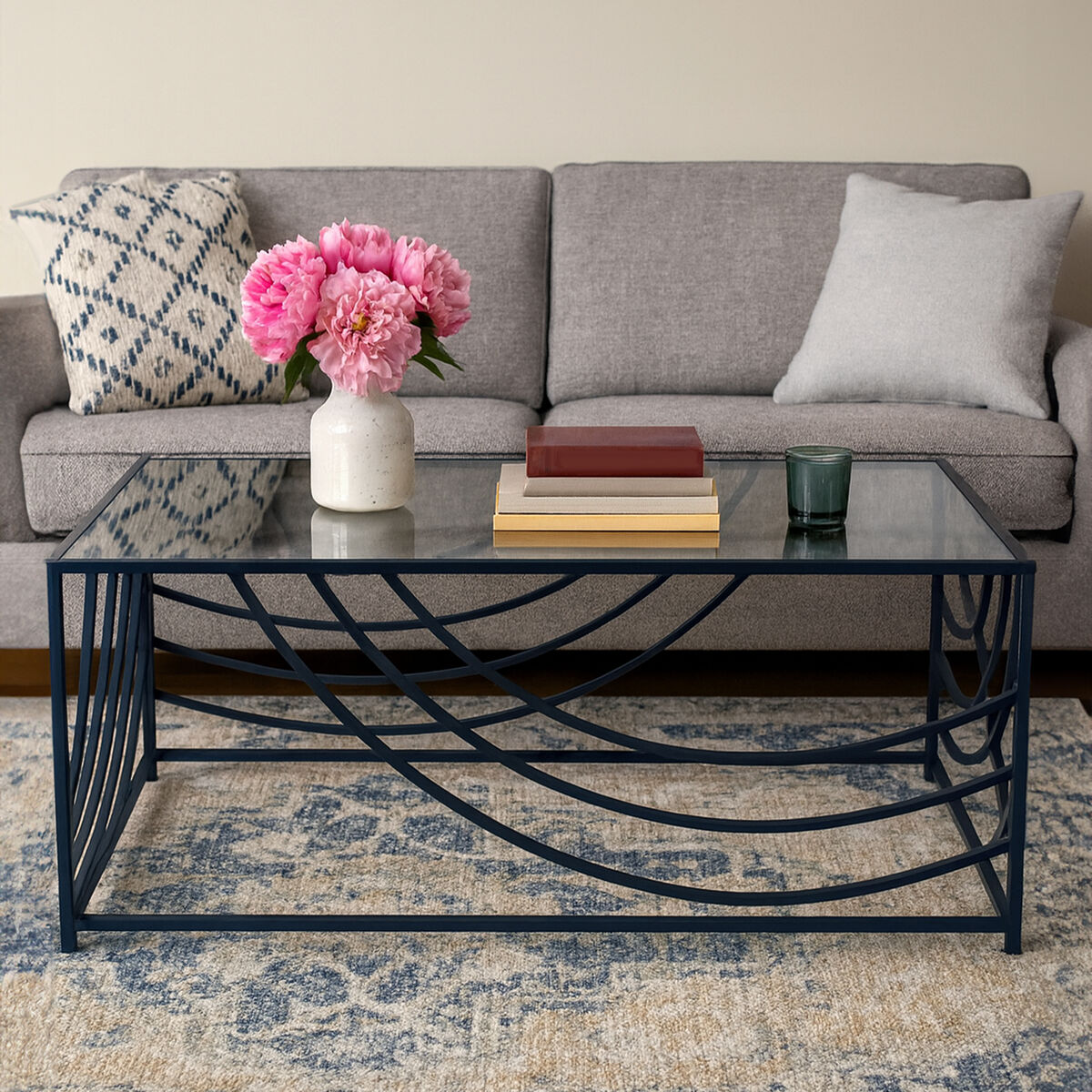 Mirrored Glass Top Coffee Table With Black Curved Line Metal Frame, Logan