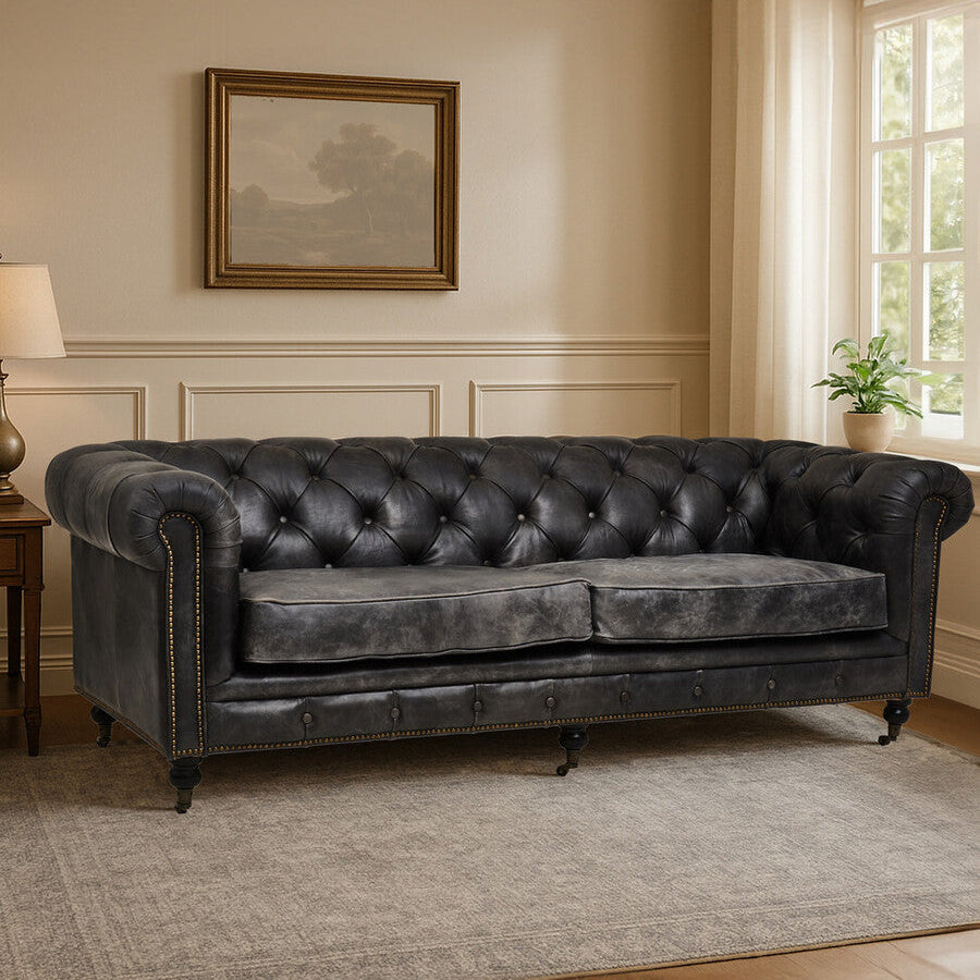 3 Seat Antique Black Chesterfield Leather Sofa, Hoxton