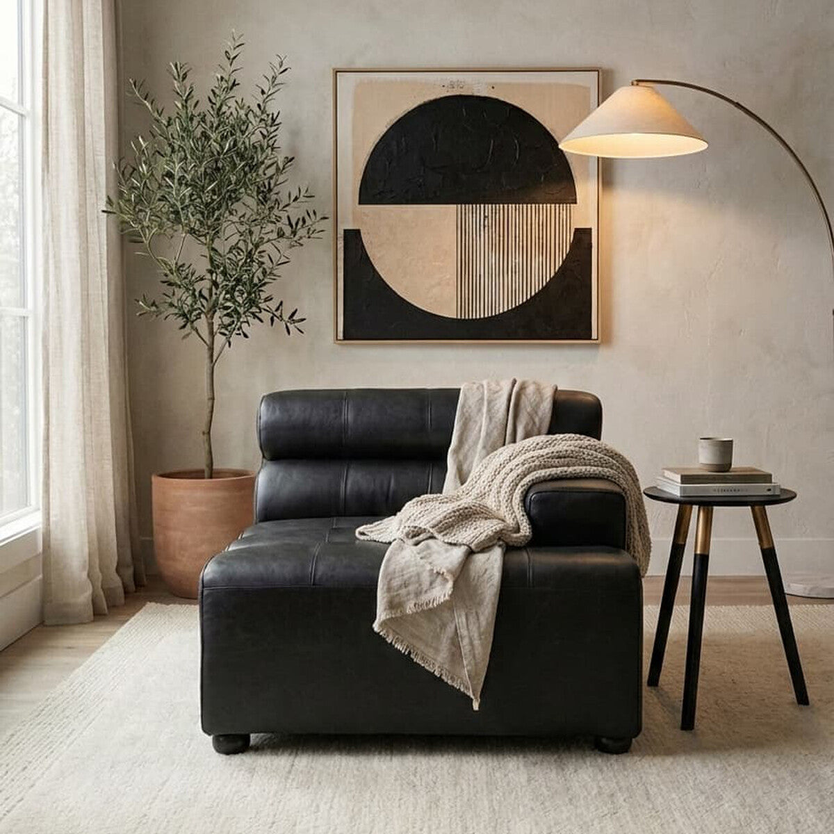 Right Arm Antique Black Leather Modular Sofa, King