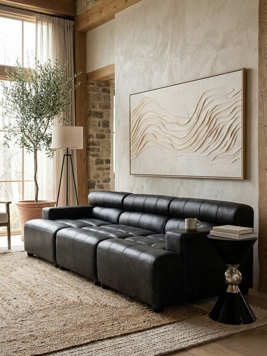 Right Arm Antique Black Leather Modular Sofa, King