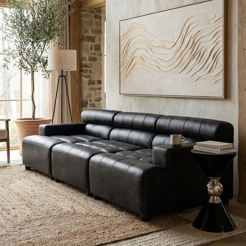Right Arm Antique Black Leather Modular Sofa, King